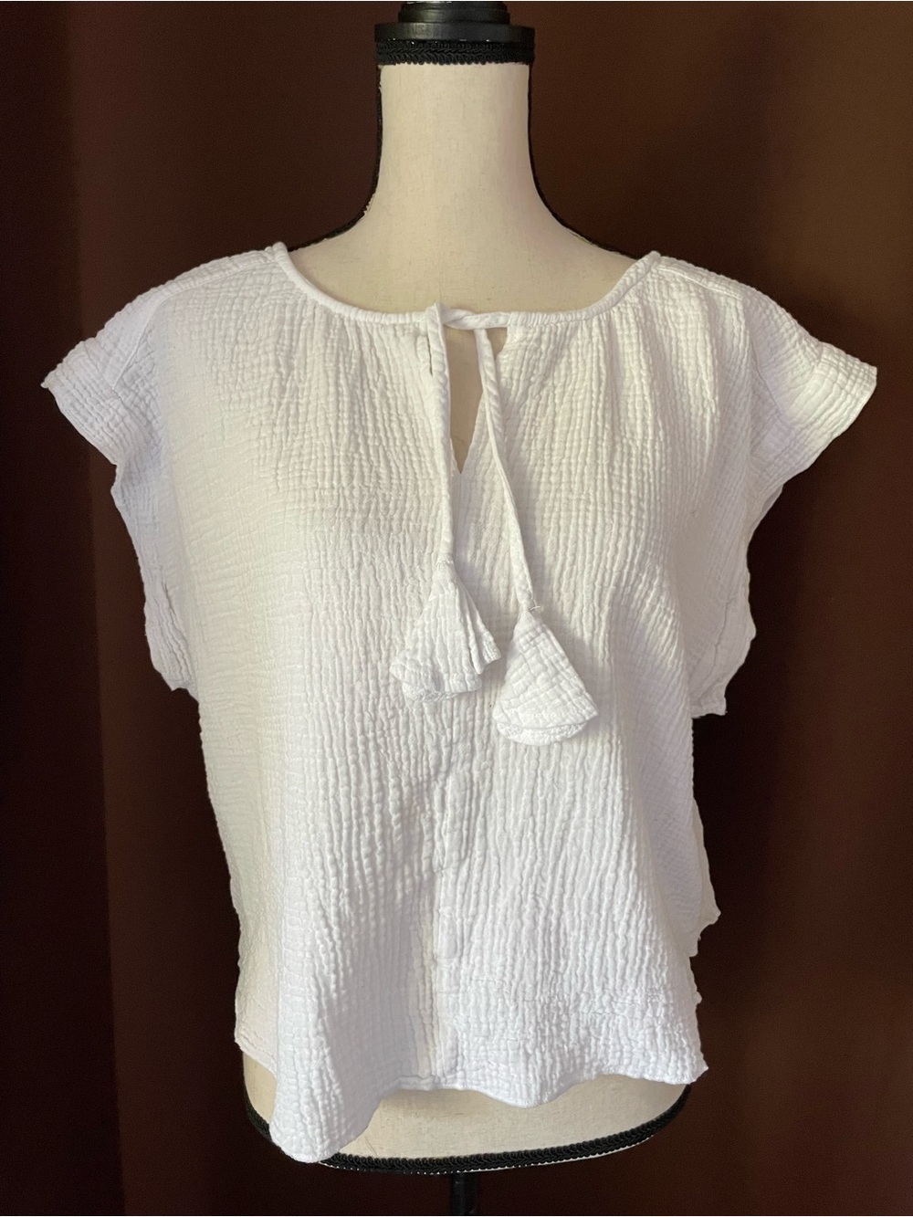Joie Lillie 100 cotton White Crinkle Gauze Tassel Tie Neck Peasant Blouse Top XL